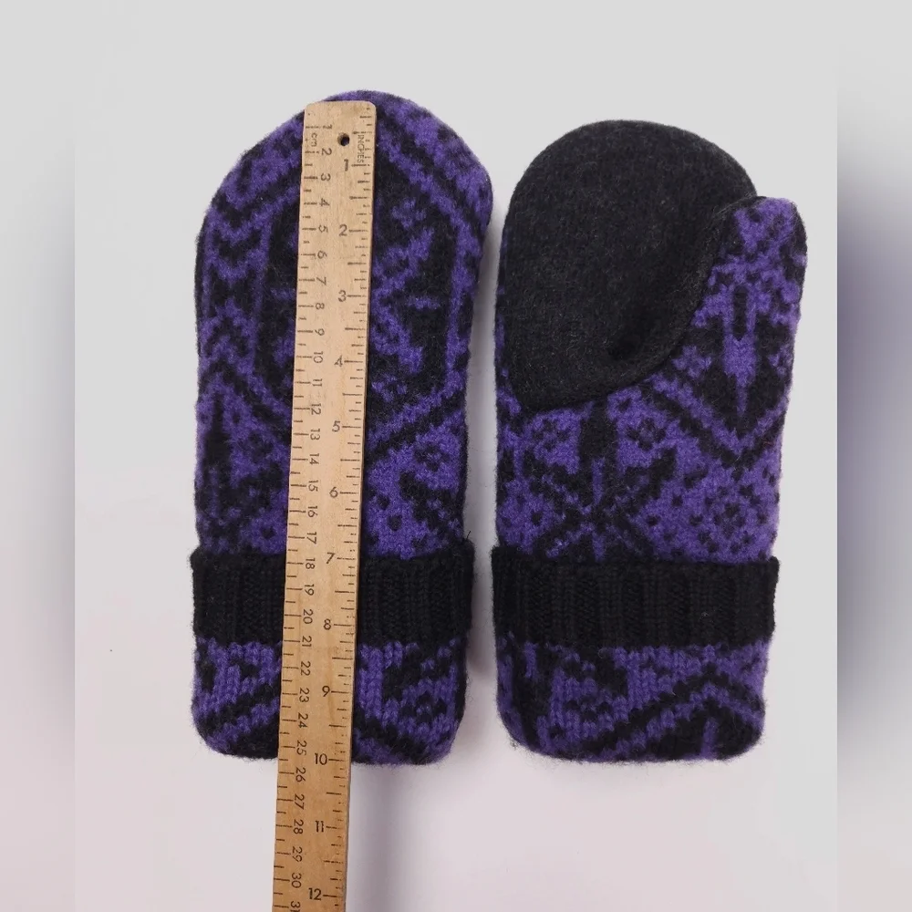 Upcycled Wool Black Purple Sweater Mittens Sherpa Fleece Lined NEW Adult M/L